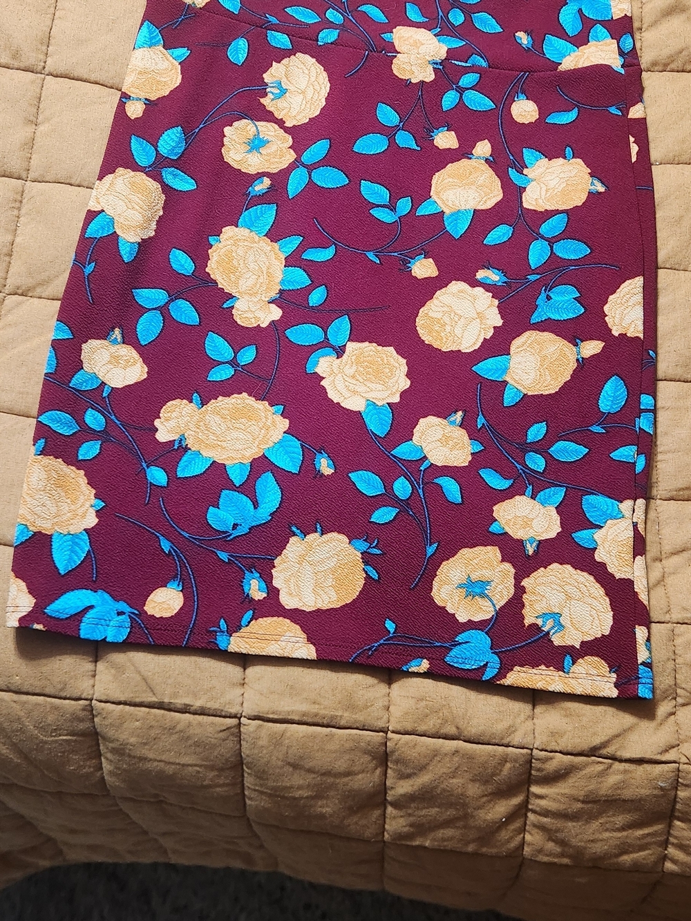 LuLaRoe Burgundy Pencil Skirt with Yellow Flowers & Teal Leaves